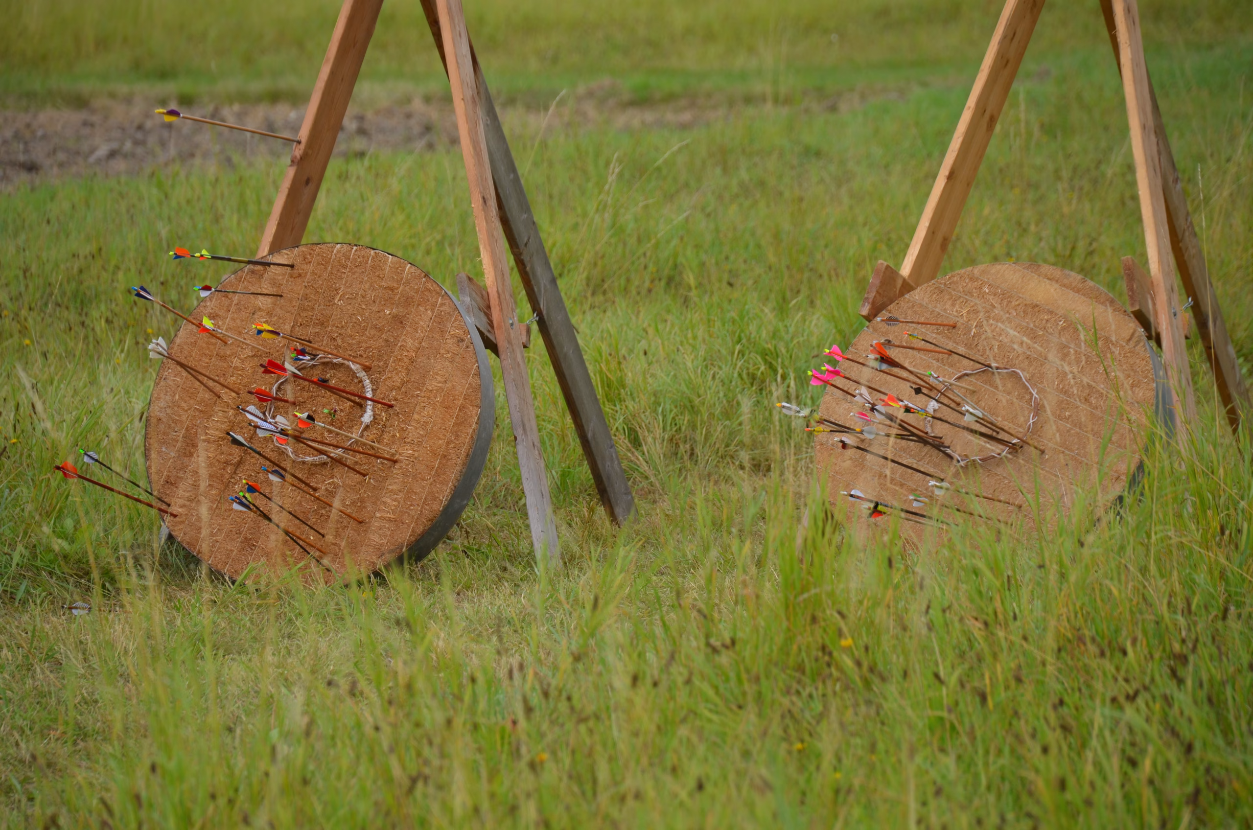 Zwei mit zahlreichen Pfeilen getroffene Clout-Bogenschieß-Zielscheiben auf einem grünen Feld beim Siebenberge Clout Bogenwettbewerb.